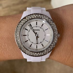 White fossil watch with diamond face